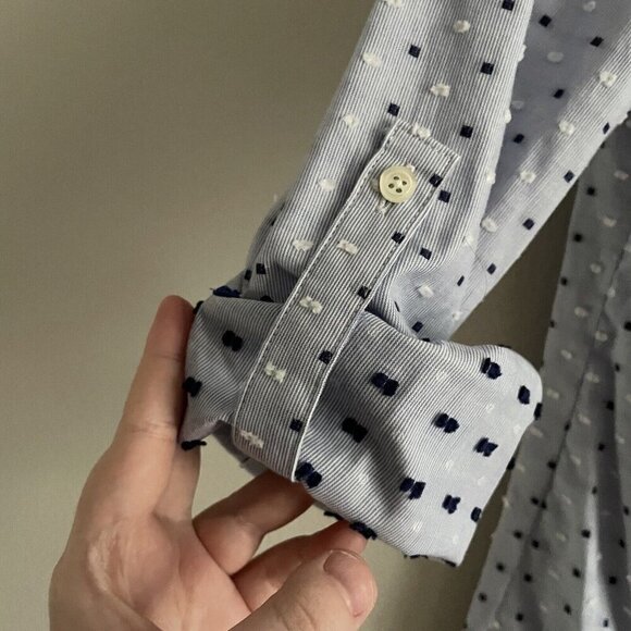 Talbots Women Petite S Blue/White Polka/Swiss Dot Long Sleeve Button Blouse - Picture 4 of 10